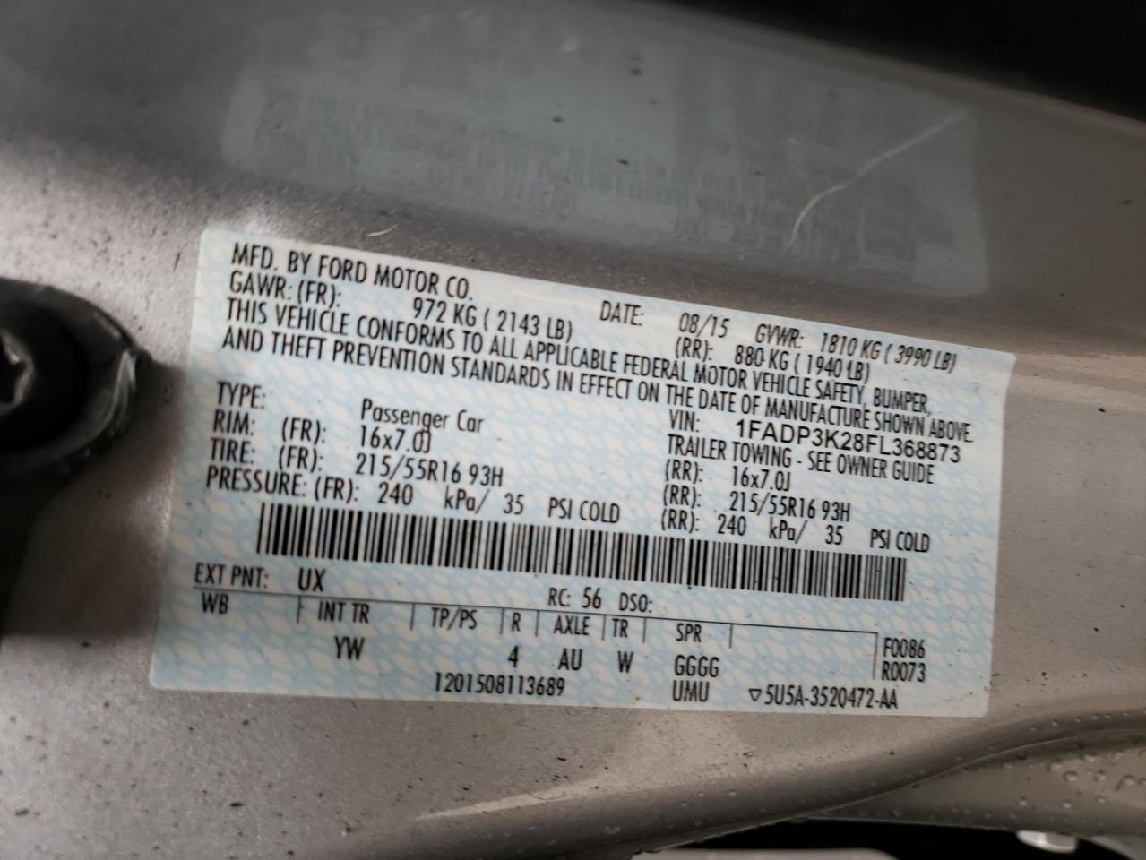 Photo 10 from auction – 2015 FORD FOCUS SE with VIN 1FADP3K28FL368873