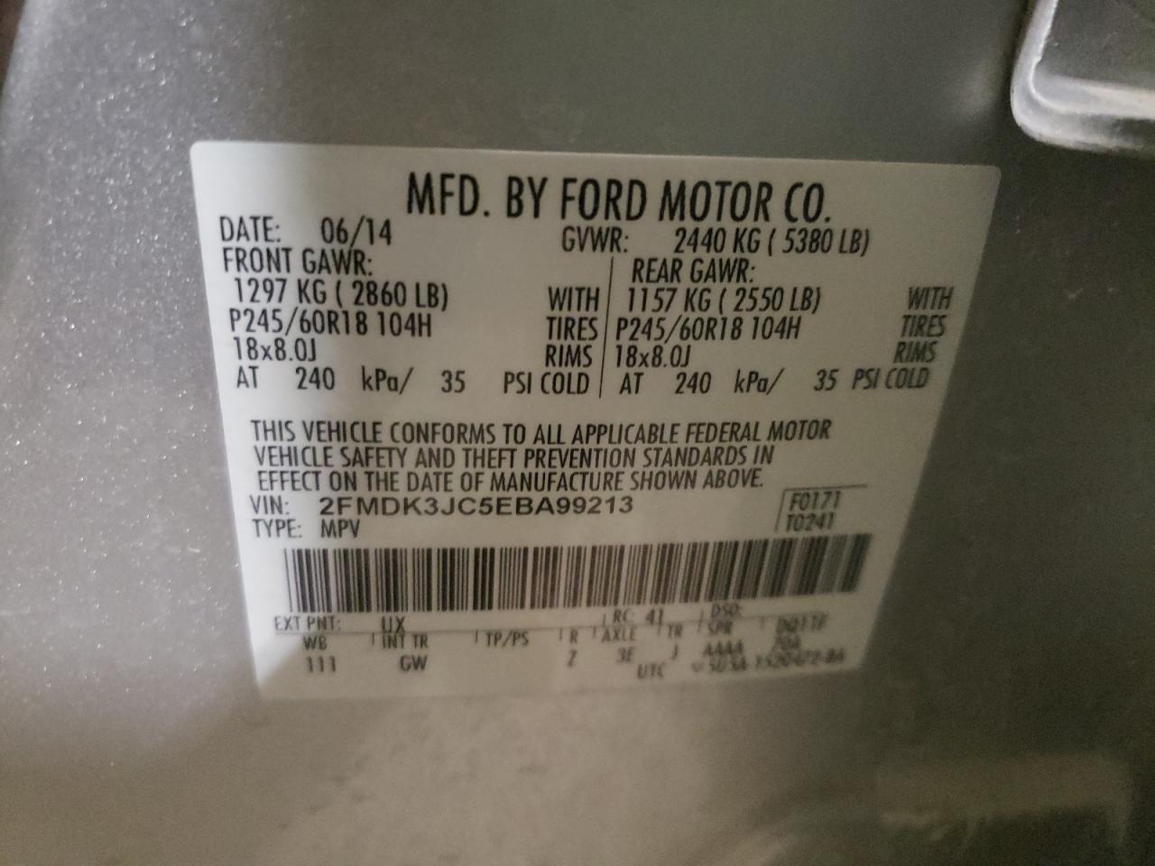 Photo 10 from auction – 2014 FORD EDGE SEL with VIN 2FMDK3JC5EBA99213