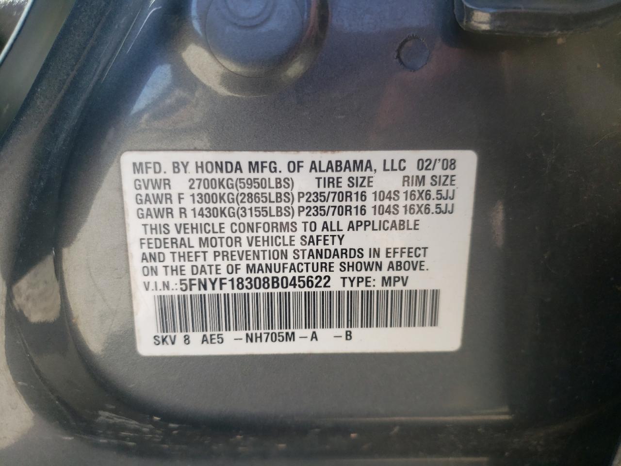Photo 10 from auction – 2008 HONDA PILOT SE with VIN 5FNYF18308B045622