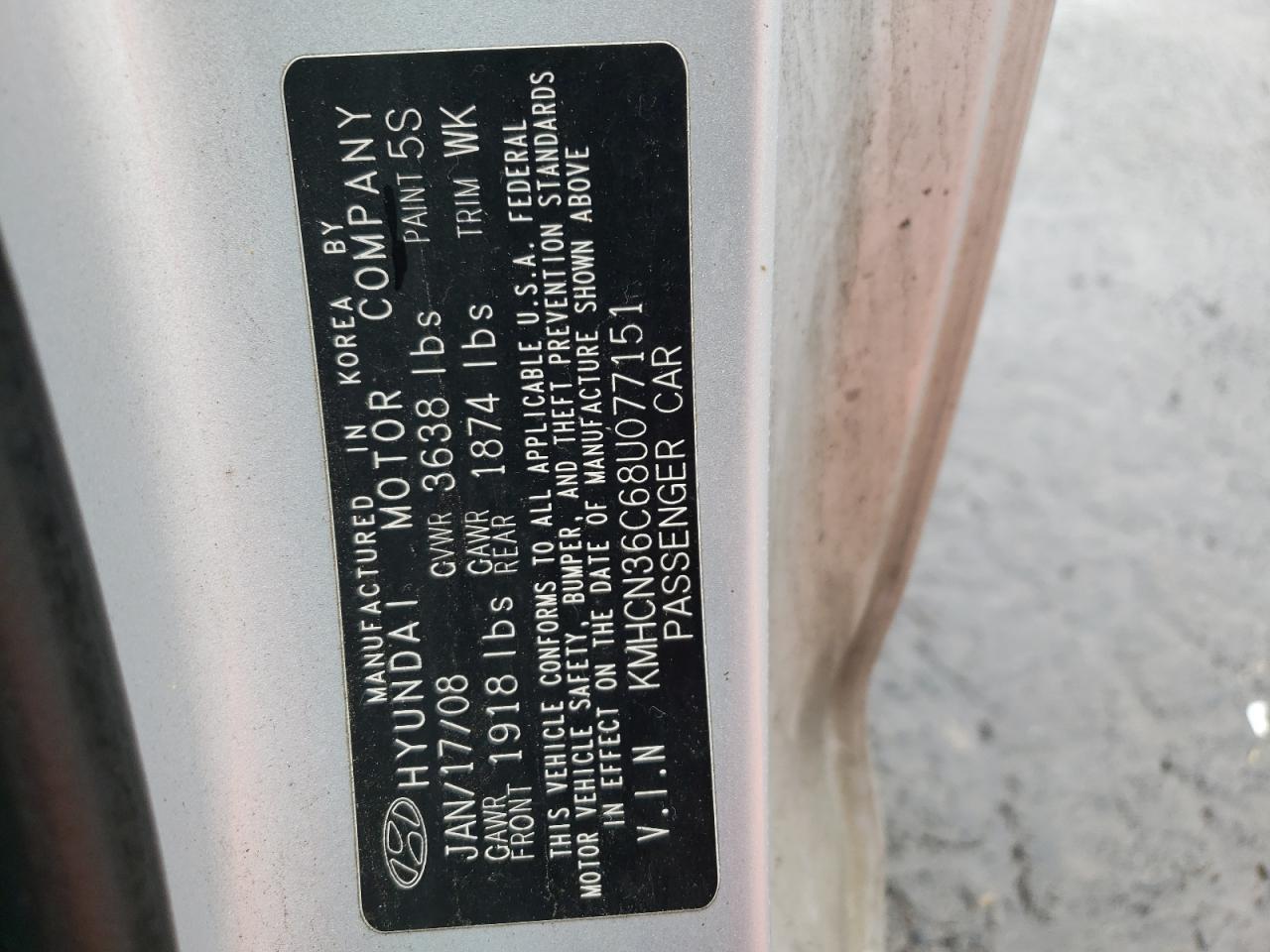 Photo 10 from auction – 2008 HYUNDAI ACCENT SE with VIN KMHCN36C68U077151