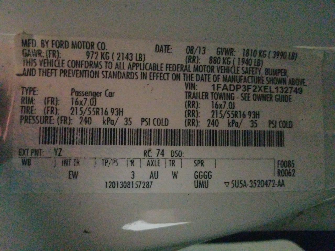 Photo 10 from auction – 2014 FORD FOCUS SE with VIN 1FADP3F2XEL132749