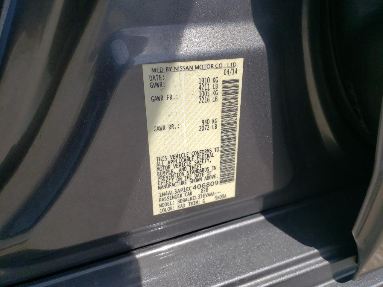 Photo 10 from auction – 2014 NISSAN ALTIMA 2.5 with VIN 1N4AL3AP1EC406809