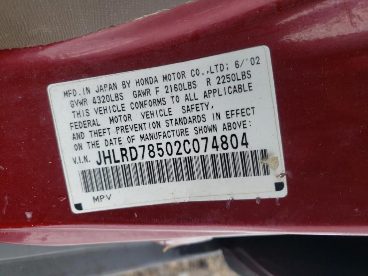 Photo 10 from auction – 2002 HONDA CR-V LX with VIN JHLRD78502C074804