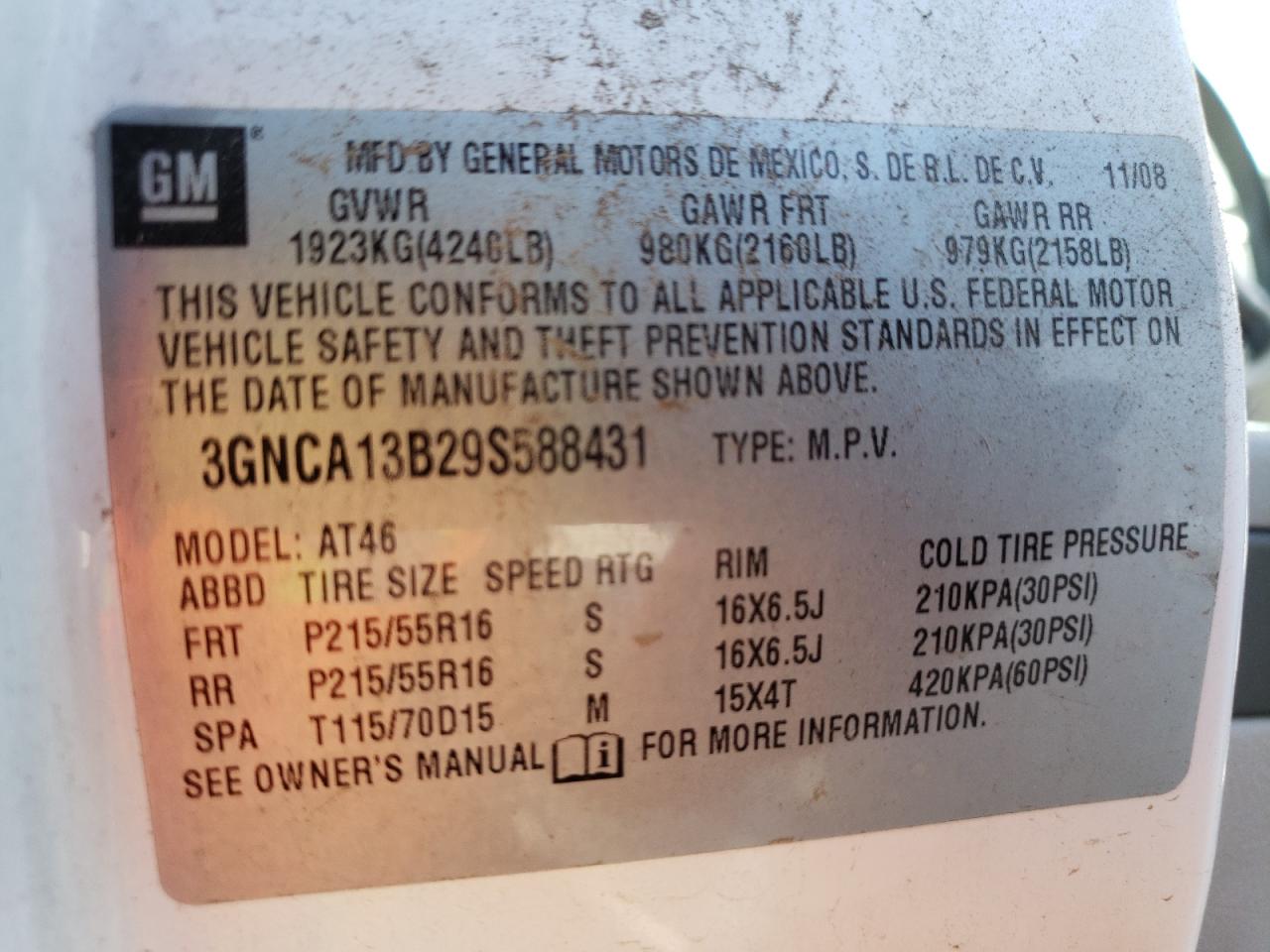 Photo 10 from auction – 2009 CHEVROLET HHR LS with VIN 3GNCA13B29S588431