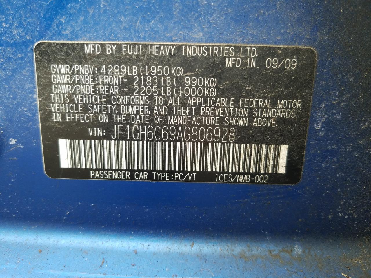 Photo 10 from auction – 2010 SUBARU IMPREZA 2. with VIN JF1GH6C69AG806928