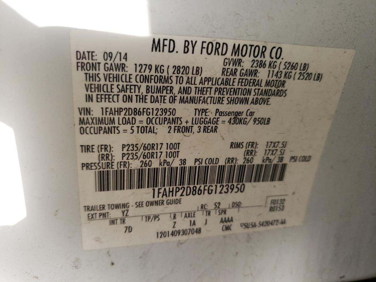 Photo 10 from auction – 2015 FORD TAURUS SE with VIN 1FAHP2D86FG123950