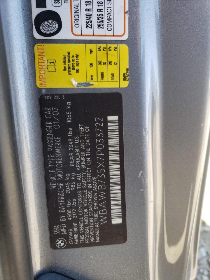 Photo 10 from auction – 2007 BMW 335 I with VIN WBAWB735X7P033722