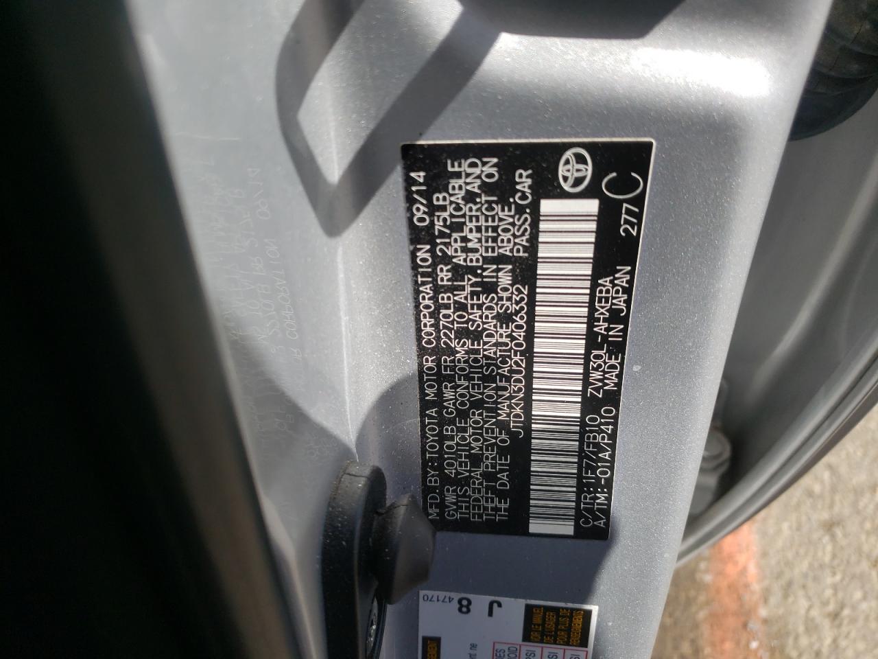Photo 10 from auction – 2015 TOYOTA PRIUS with VIN JTDKN3DU2F0406332