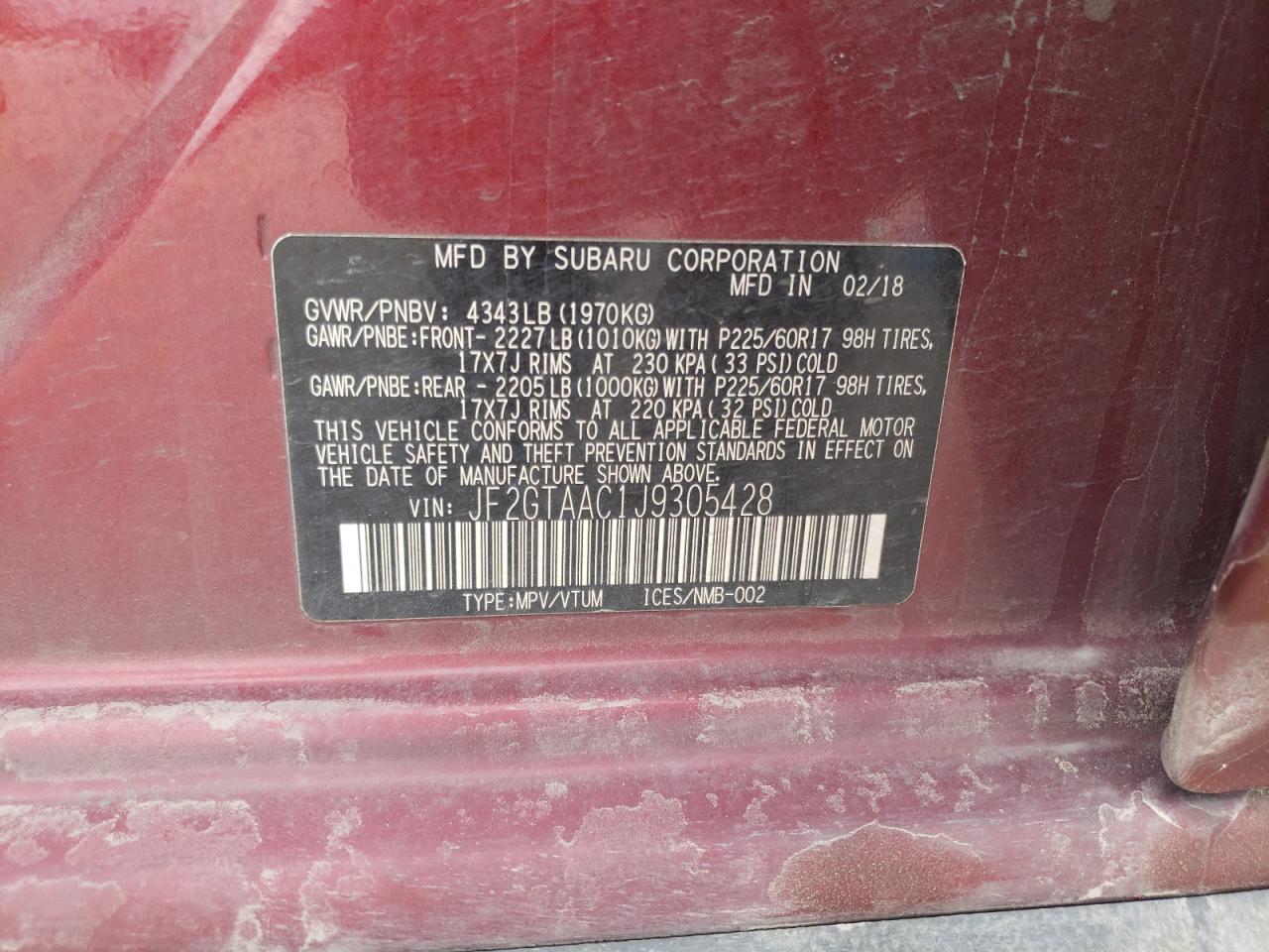 Photo 10 from auction – 2018 SUBARU CROSSTREK with VIN JF2GTAAC1J9305428