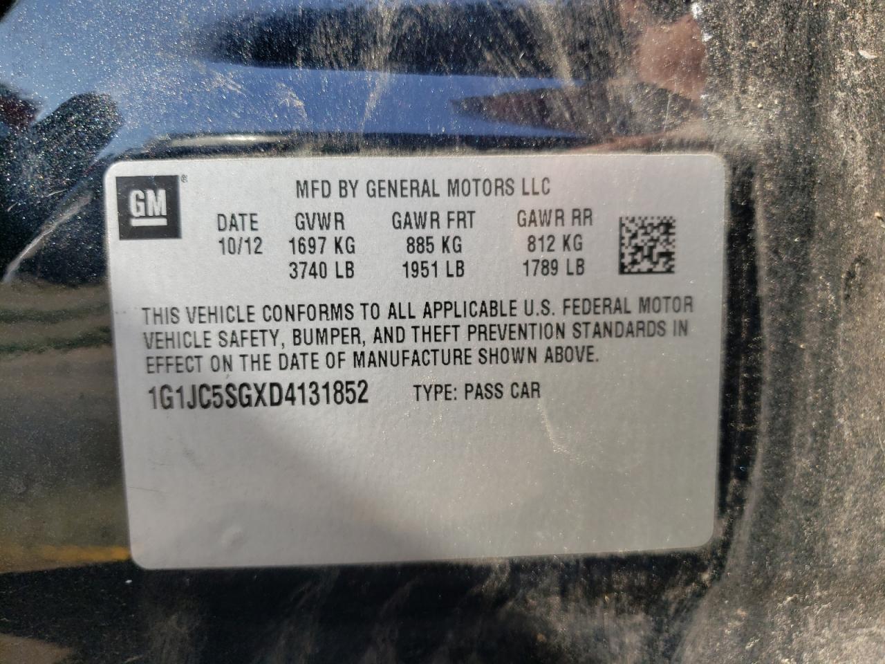 Photo 10 from auction – 2013 CHEVROLET SONIC LT with VIN 1G1JC5SGXD4131852