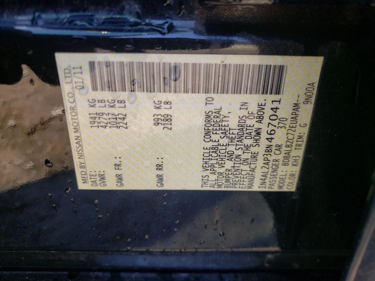 Photo 10 from auction – 2011 NISSAN ALTIMA BAS with VIN 1N4AL2AP3BN467041