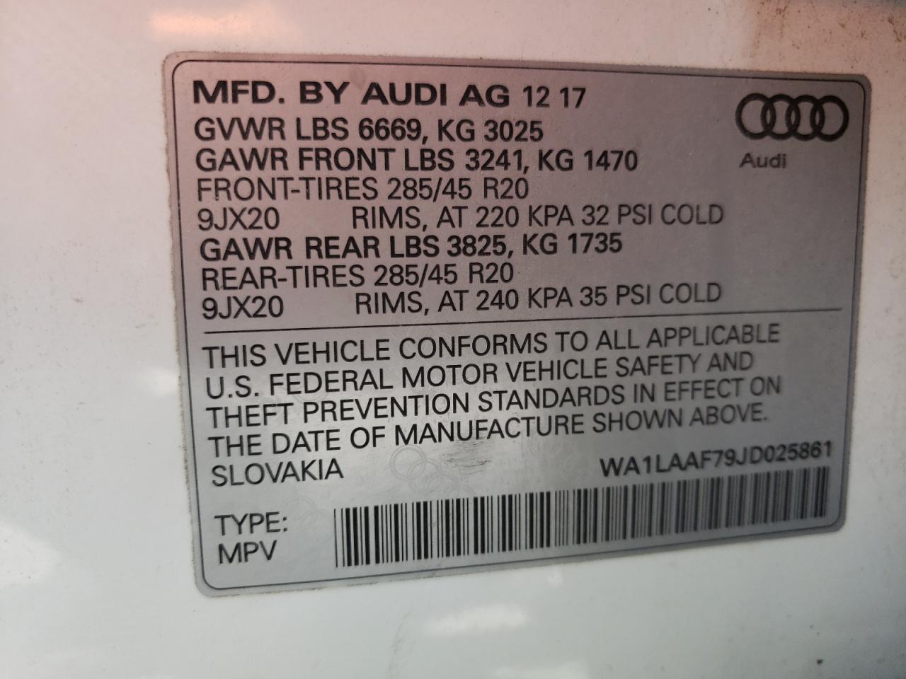 Photo 10 from auction – 2018 AUDI Q7 PREMIUM with VIN WA1LAAF79JD025861