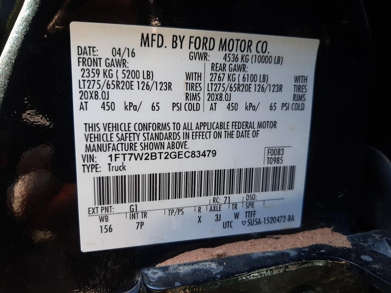 Photo 10 from auction – 2016 FORD F250 SUPER with VIN 1FT7W2BT2GEC83479