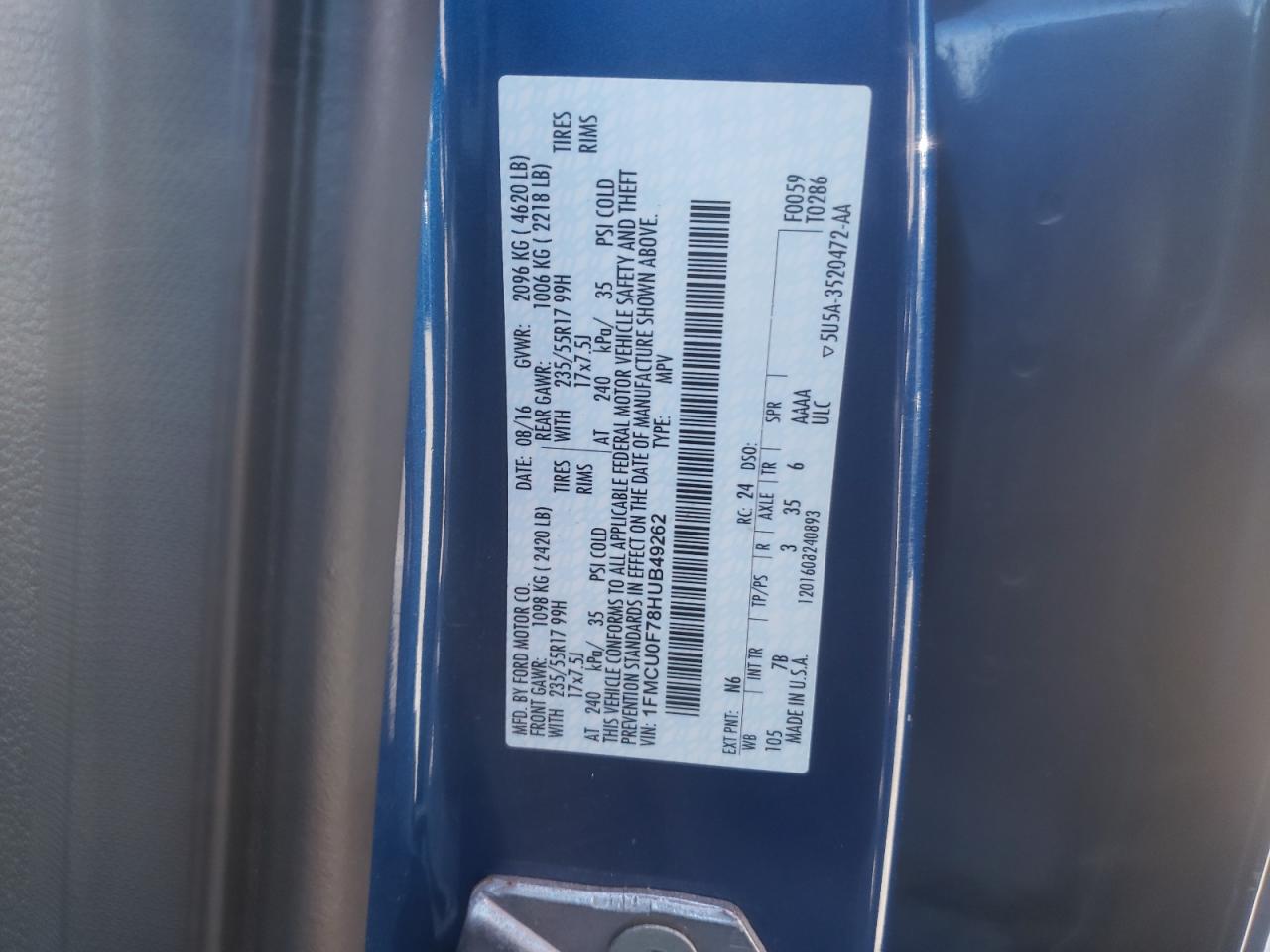 Photo 10 from auction – 2017 FORD ESCAPE S with VIN 1FMCU0F78HUB49262