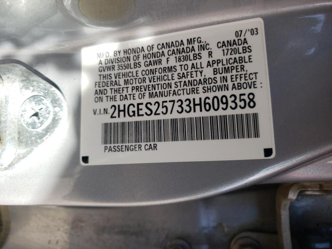 Photo 10 from auction – 2003 HONDA CIVIC EX with VIN 2HGES25733H609358