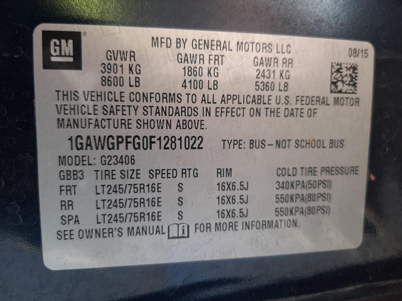 Photo 10 from auction – 2015 CHEVROLET EXPRESS G2 with VIN 1GAWGPFG0F1281022