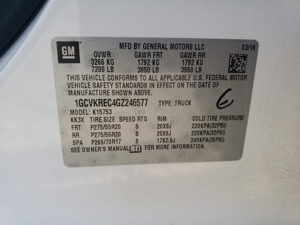 Photo 10 from auction – 2016 CHEVROLET SILVERADO with VIN 1GCVKREC4GZ246577