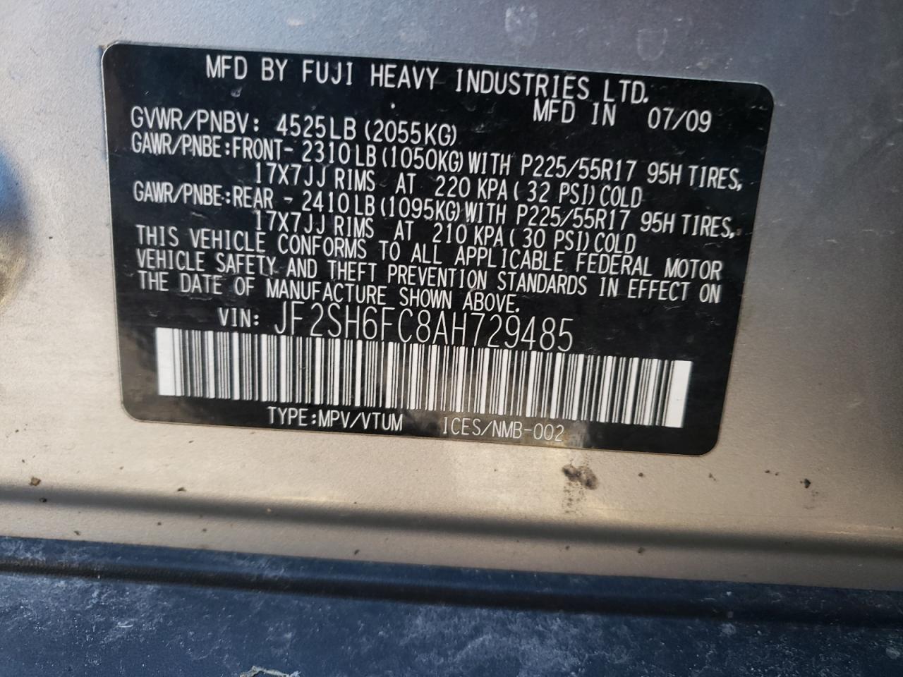 Photo 10 from auction – 2010 SUBARU FORESTER 2 with VIN JF2SH6FC8AH729485