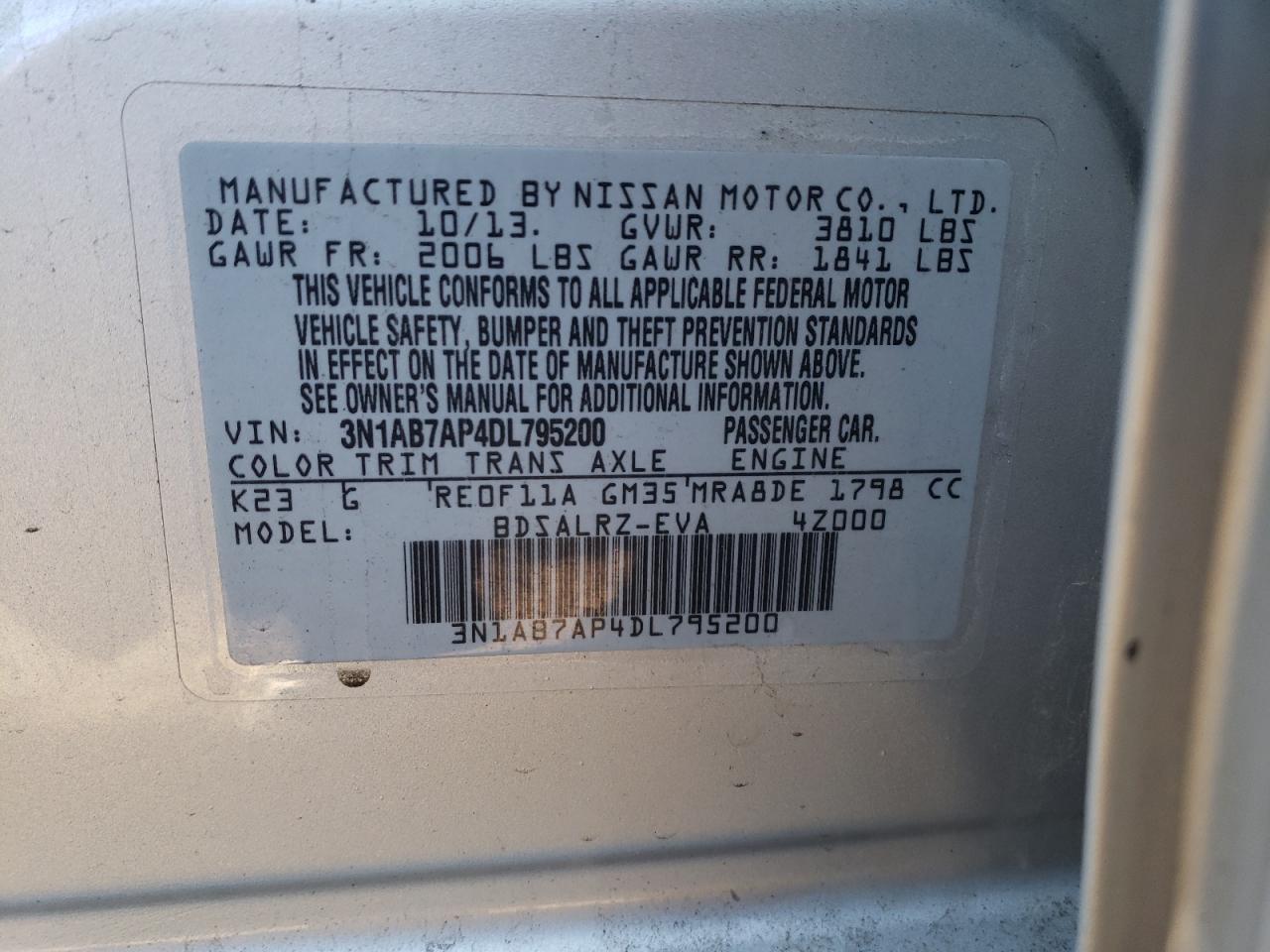 Photo 10 from auction – 2013 NISSAN SENTRA S with VIN 3N1AB7AP4DL795200