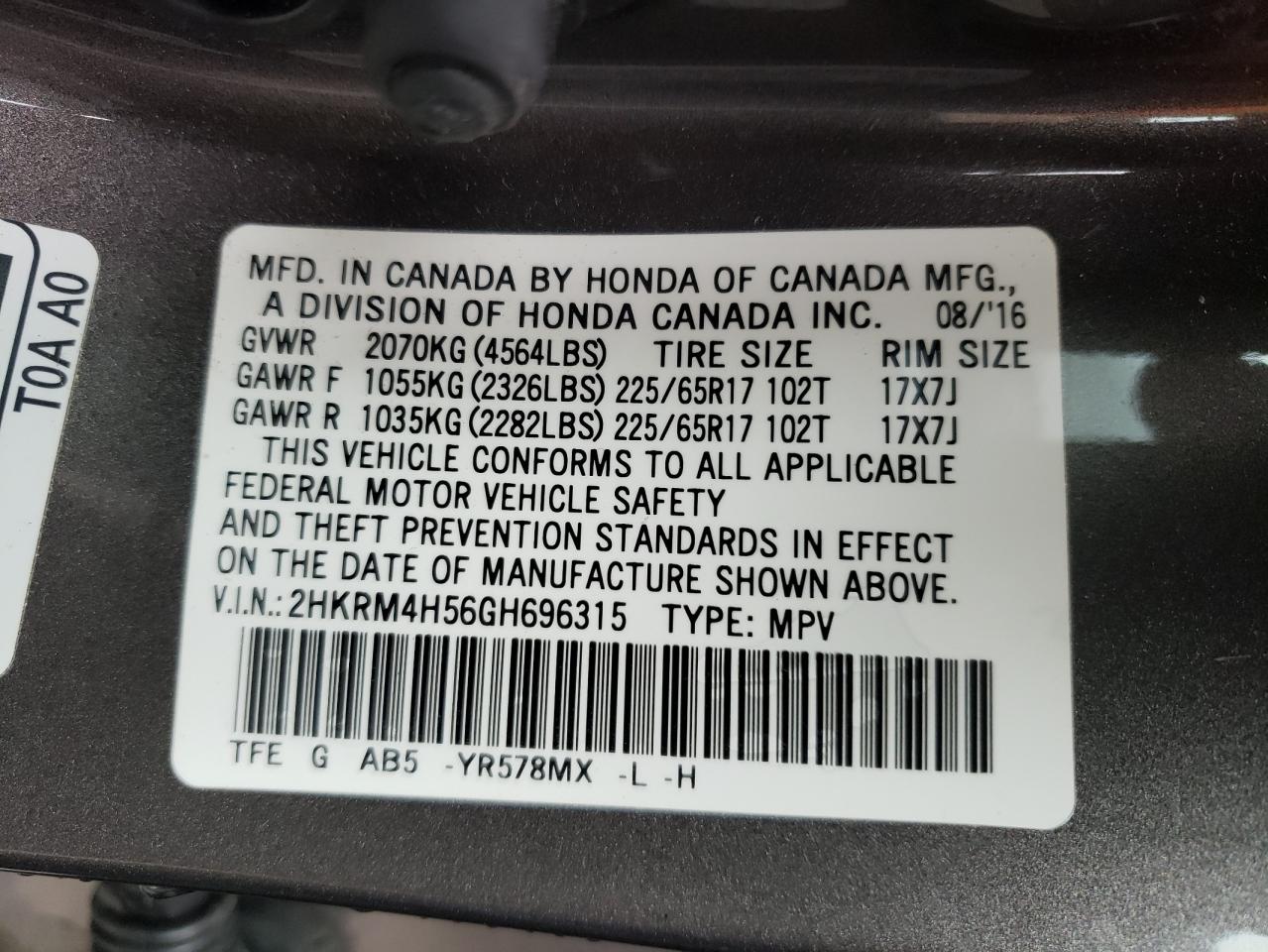 Photo 10 from auction – 2016 HONDA CR-V EX with VIN 2HKRM4H56GH696315