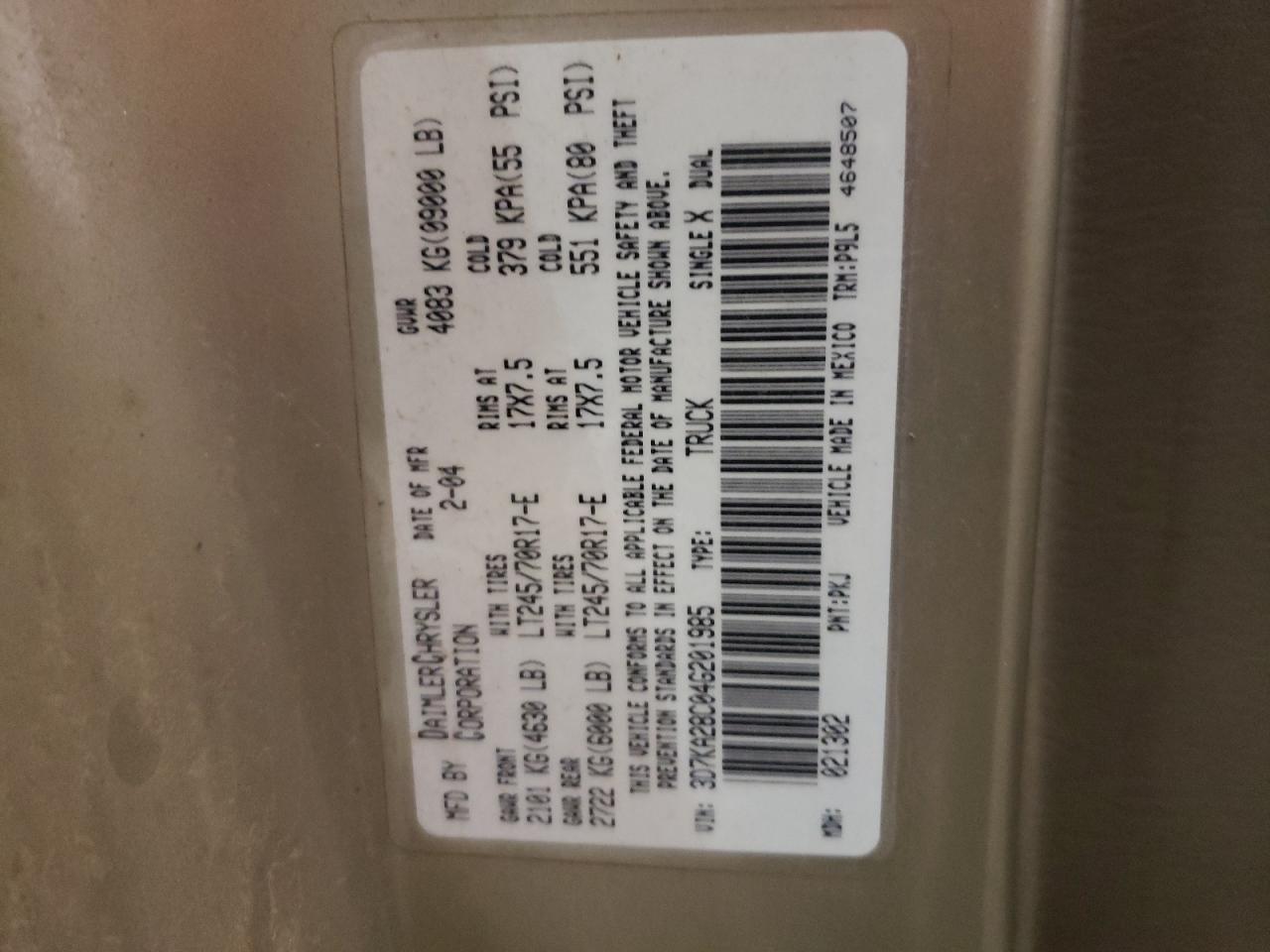 Photo 10 from auction – 2004 DODGE RAM 2500 S with VIN 3D7KA28C04G201985