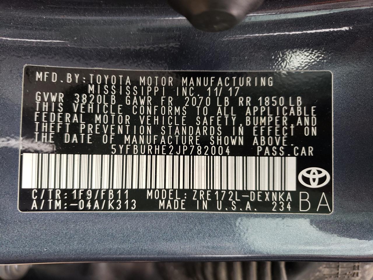 صورة رقم 10 من المزاد - 2018 TOYOTA COROLLA L مع VIN 5YFBURHE2JP782004