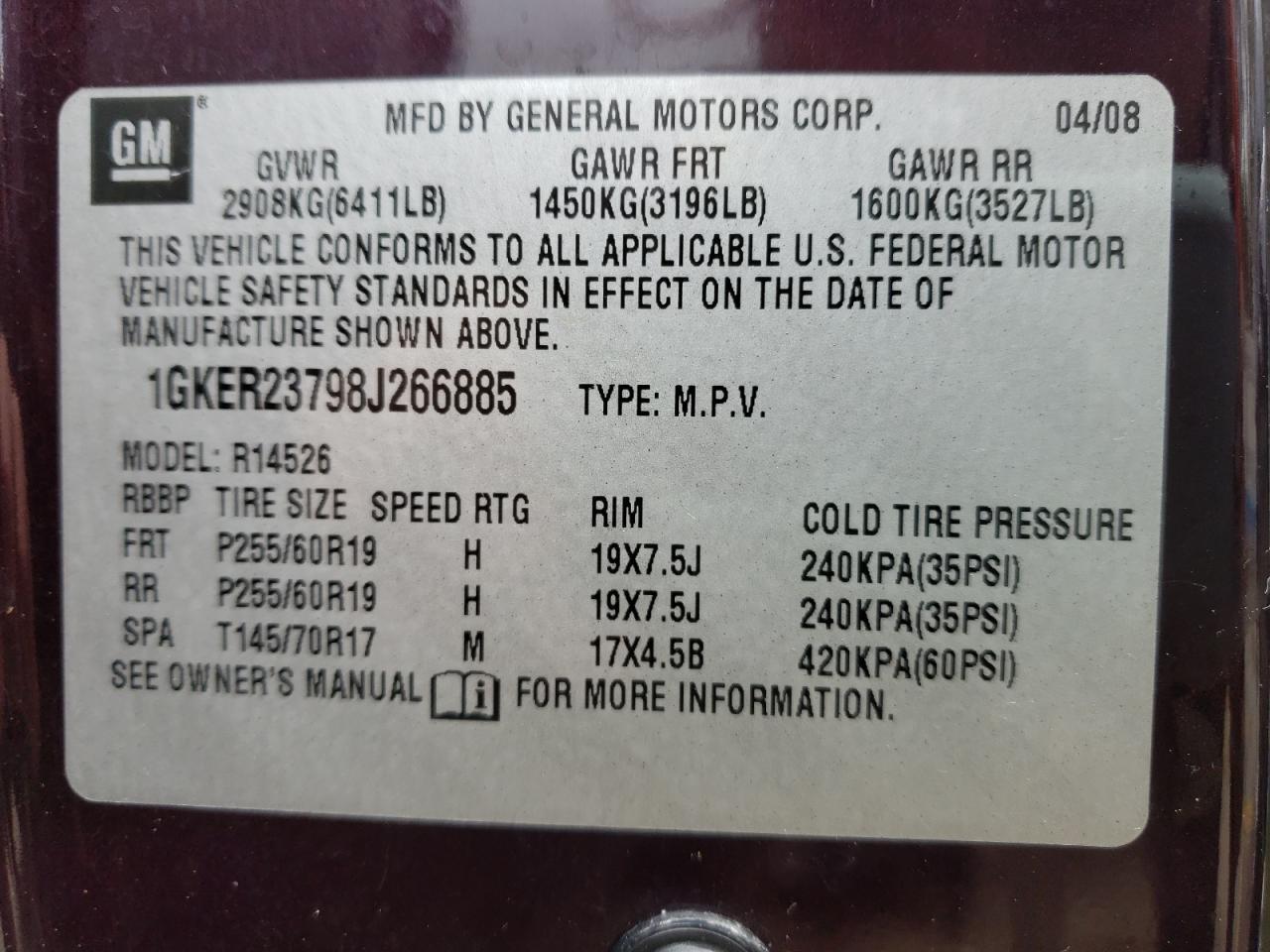 Photo 10 from auction – 2008 GMC ACADIA SLT with VIN 1GKER23798J266885