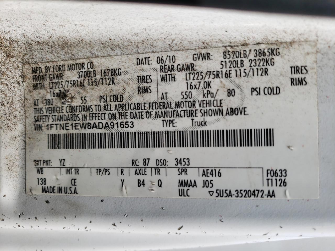 Photo 10 from auction – 2010 FORD ECONOLINE with VIN 1FTNE1EW8ADA91653