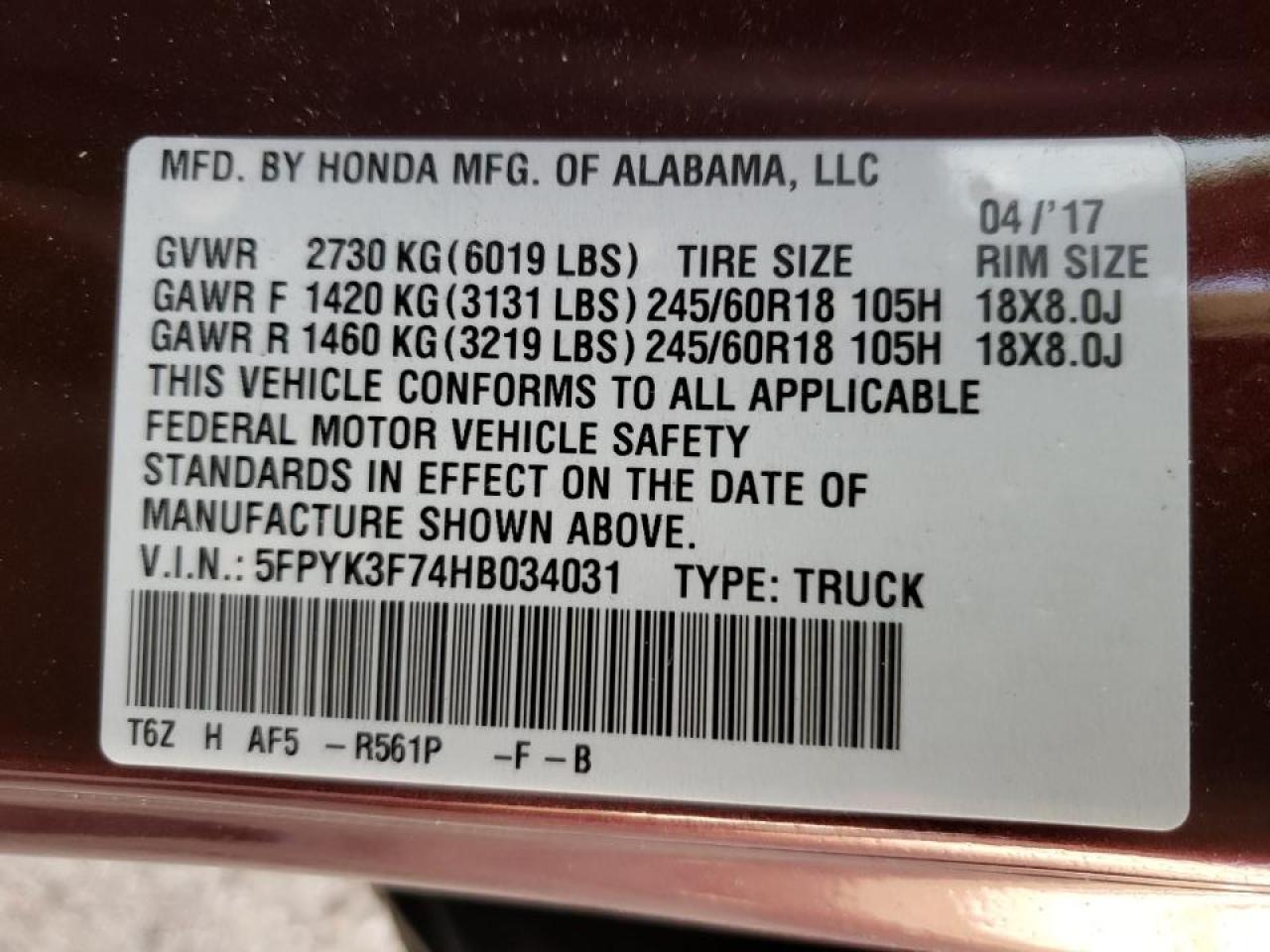 Photo 10 from auction – 2017 HONDA RIDGELINE with VIN 5FPYK3F74HB034031