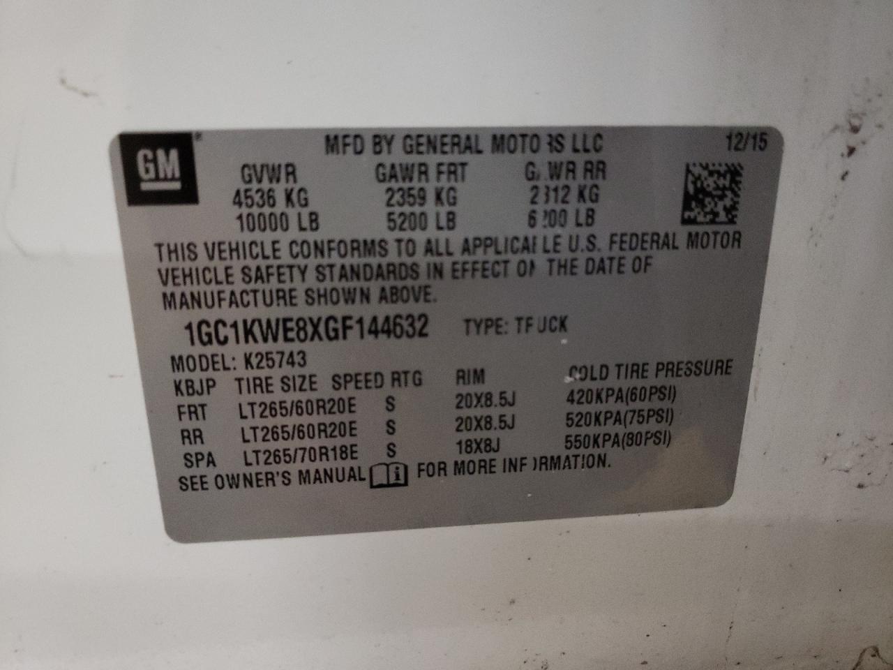 Photo 10 from auction – 2016 CHEVROLET SILVERADO with VIN 1GC1KWE8XGF144632