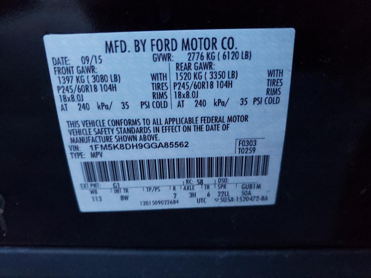 Photo 10 from auction – 2016 FORD EXPLORER X with VIN 1FM5K8DH9GGA85562