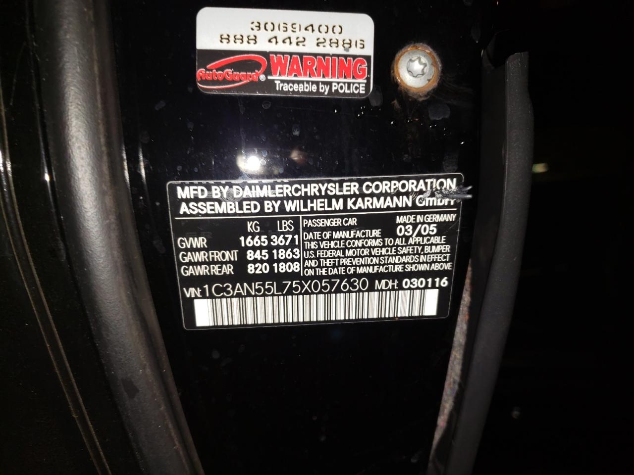 Photo 10 from auction – 2005 CHRYSLER CROSSFIRE with VIN 1C3AN55L75X057630