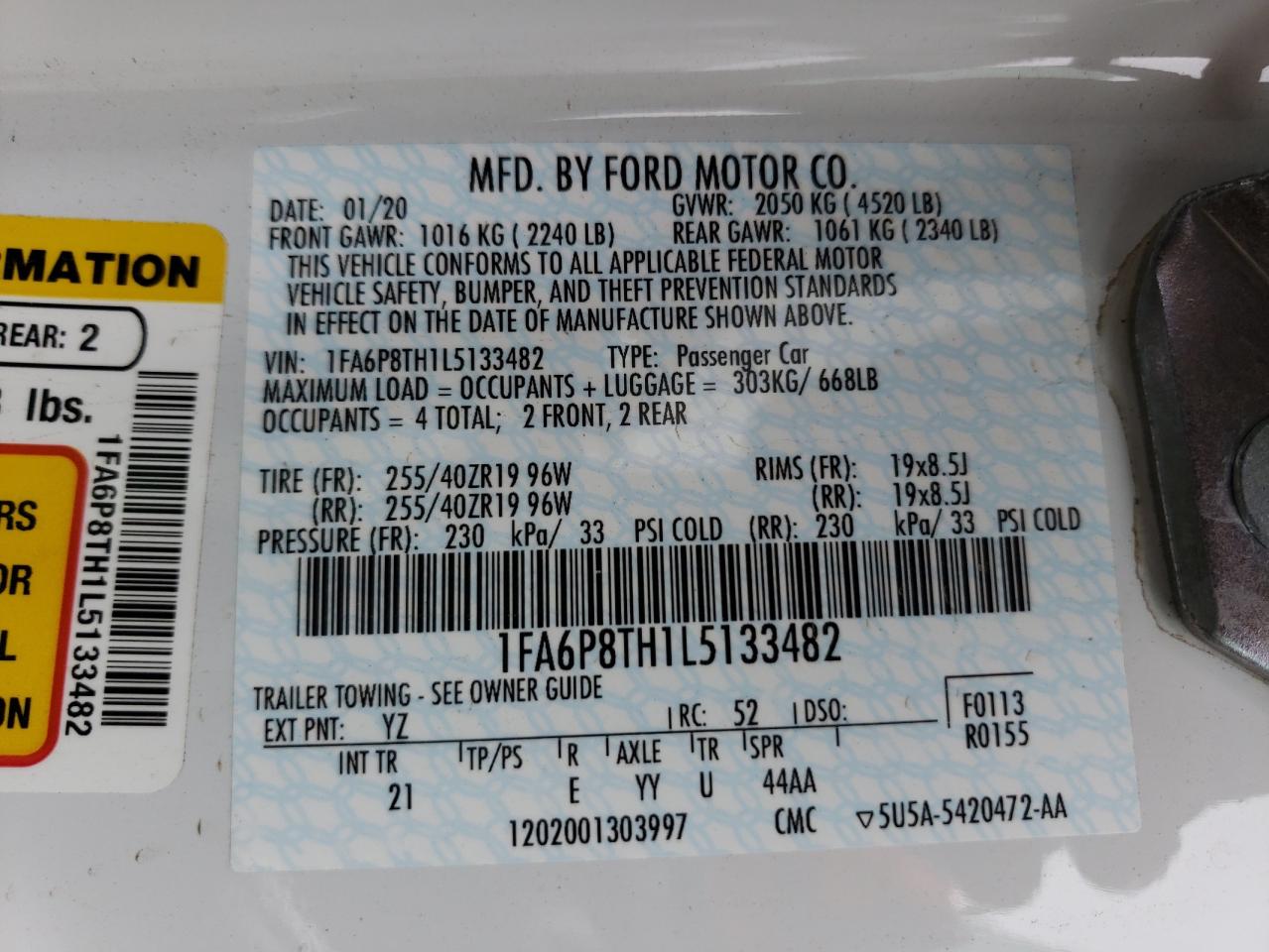 Photo 10 from auction – 2020 FORD MUSTANG with VIN 1FA6P8TH1L5133482