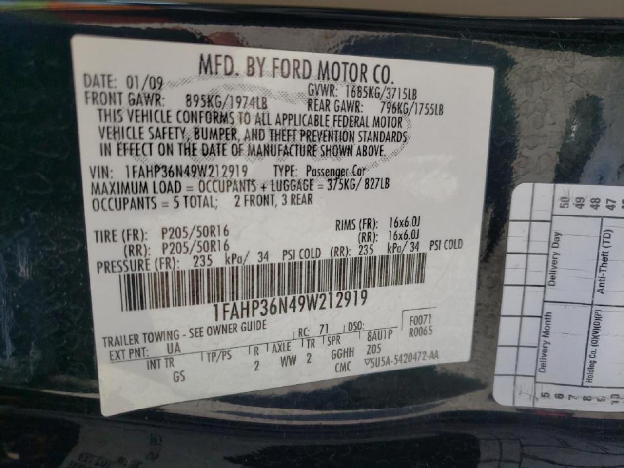 Photo 10 from auction – 2009 FORD FOCUS SES with VIN 1FAHP36N49W212919