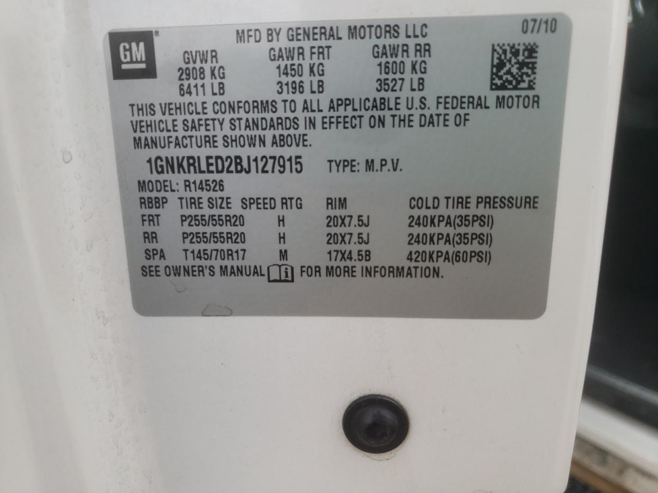 Фото 10 с аукциона – 2011 CHEVROLET TRAVERSE L с VIN 1GNKRLED2BJ127915