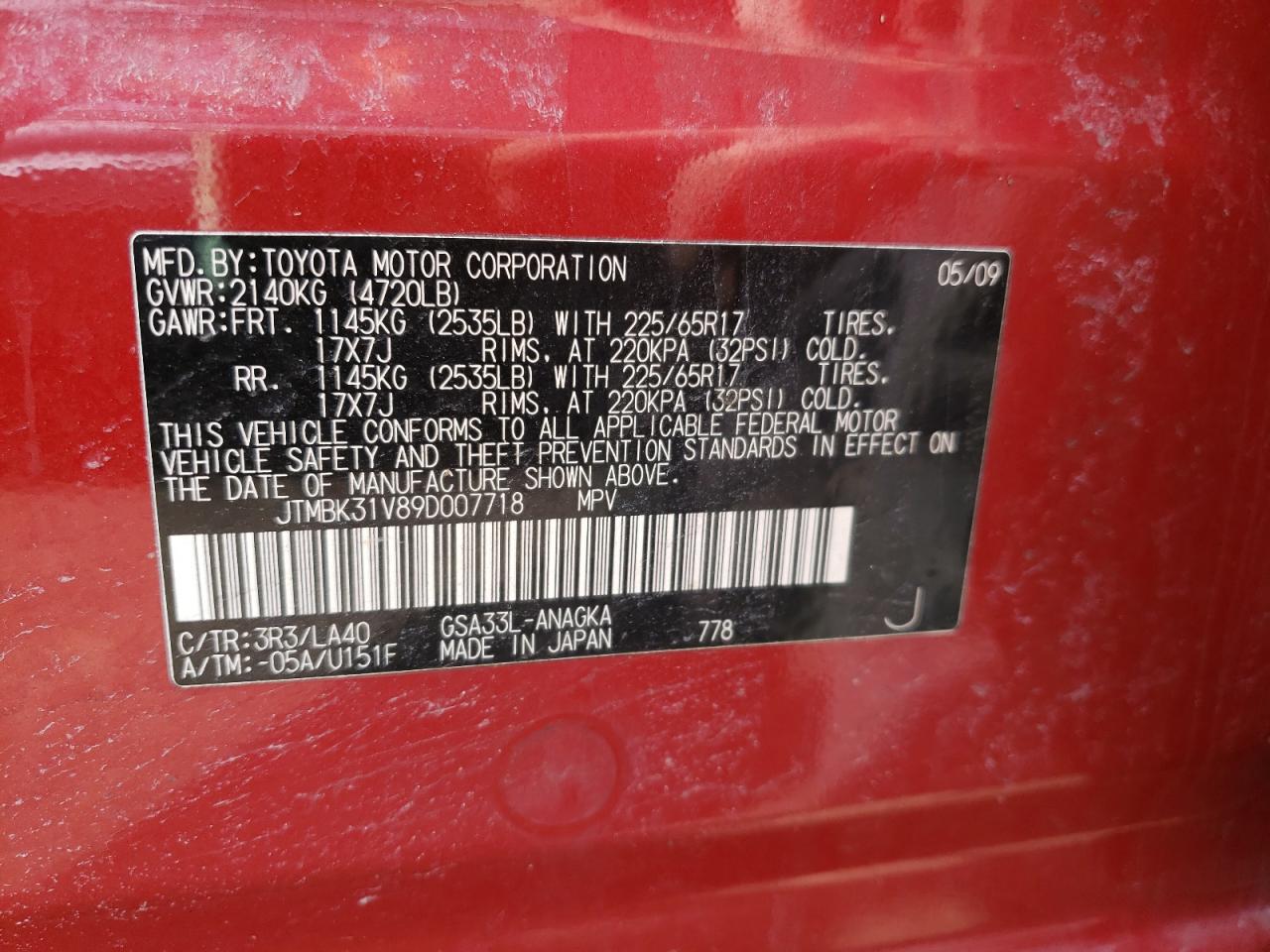 Photo 10 from auction – 2009 TOYOTA RAV4 LIMIT with VIN JTMBK31V89D007718