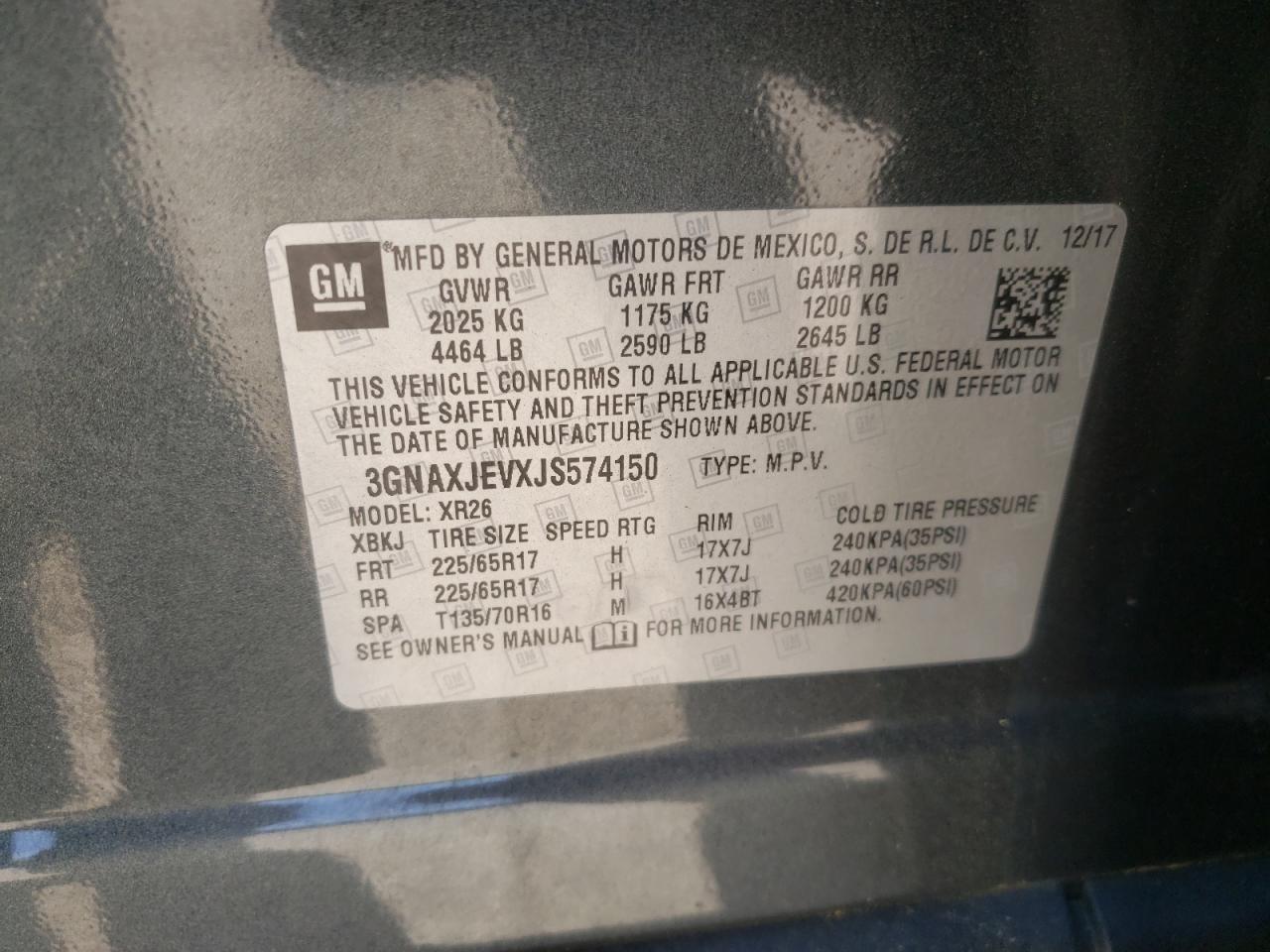 Photo 10 from auction – 2018 CHEVROLET EQUINOX LT with VIN 3GNAXJEVXJS574150