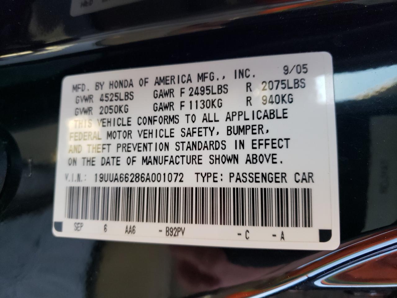 Photo 10 from auction – 2006 ACURA TL with VIN 19UUA66286A001072