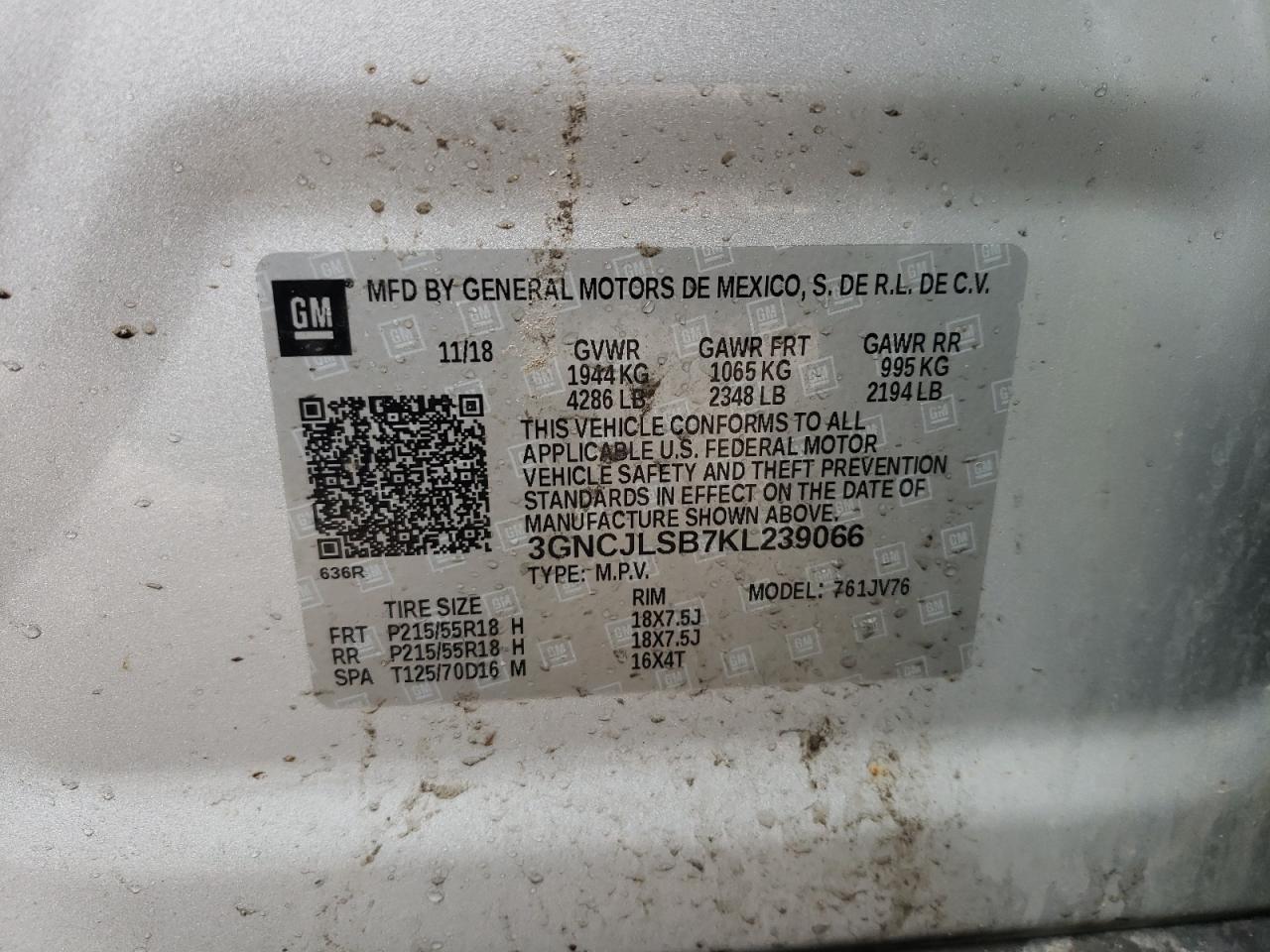 Photo 10 from auction – 2019 CHEVROLET TRAX 1LT with VIN 3GNCJLSB7KL239066
