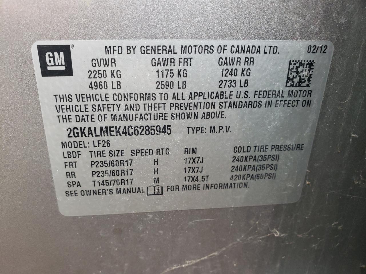Photo 10 from auction – 2012 GMC TERRAIN SL with VIN 2GKALMEK4C6285945
