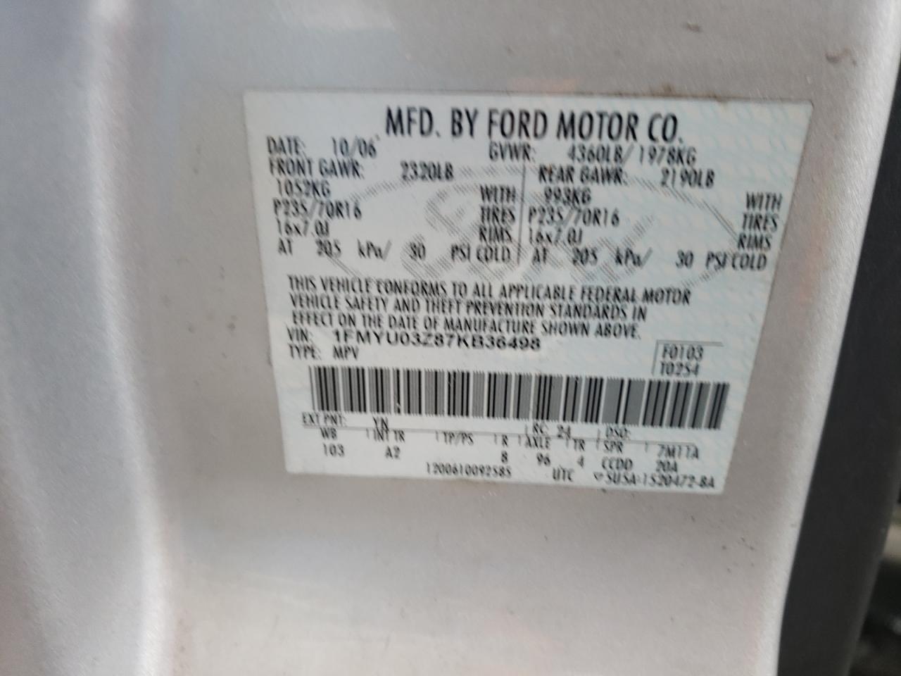 Photo 10 from auction – 2007 FORD ESCAPE XLT with VIN 1FMYU03Z87KB36498
