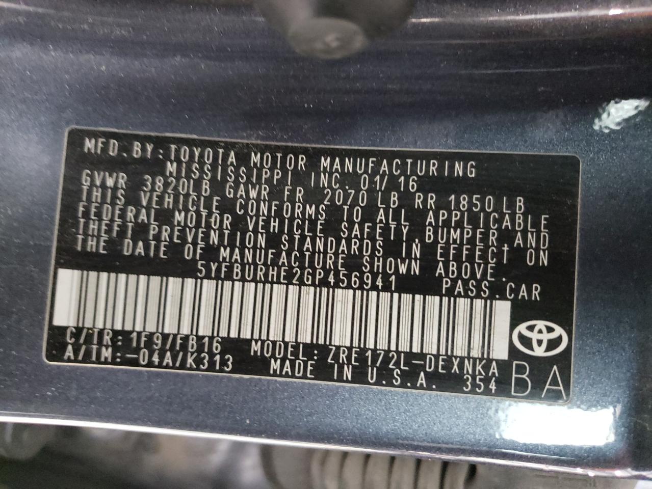 Photo 10 from auction – 2016 TOYOTA COROLLA L with VIN 5YFBURHE2GP456941