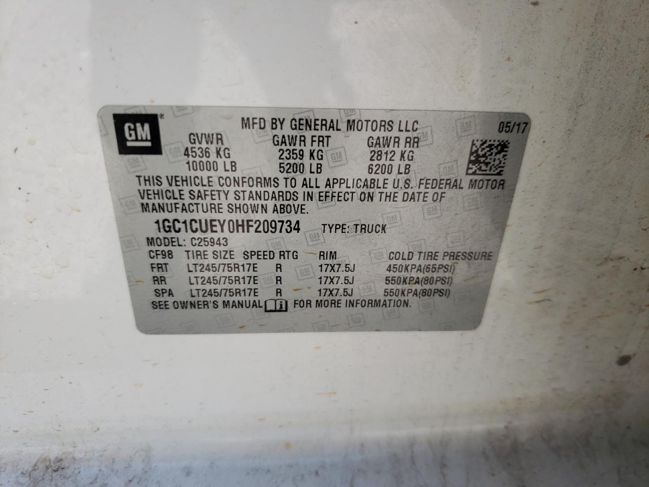 Photo 10 from auction – 2017 CHEVROLET SILVERADO with VIN 1GC1CUEY0HF209734