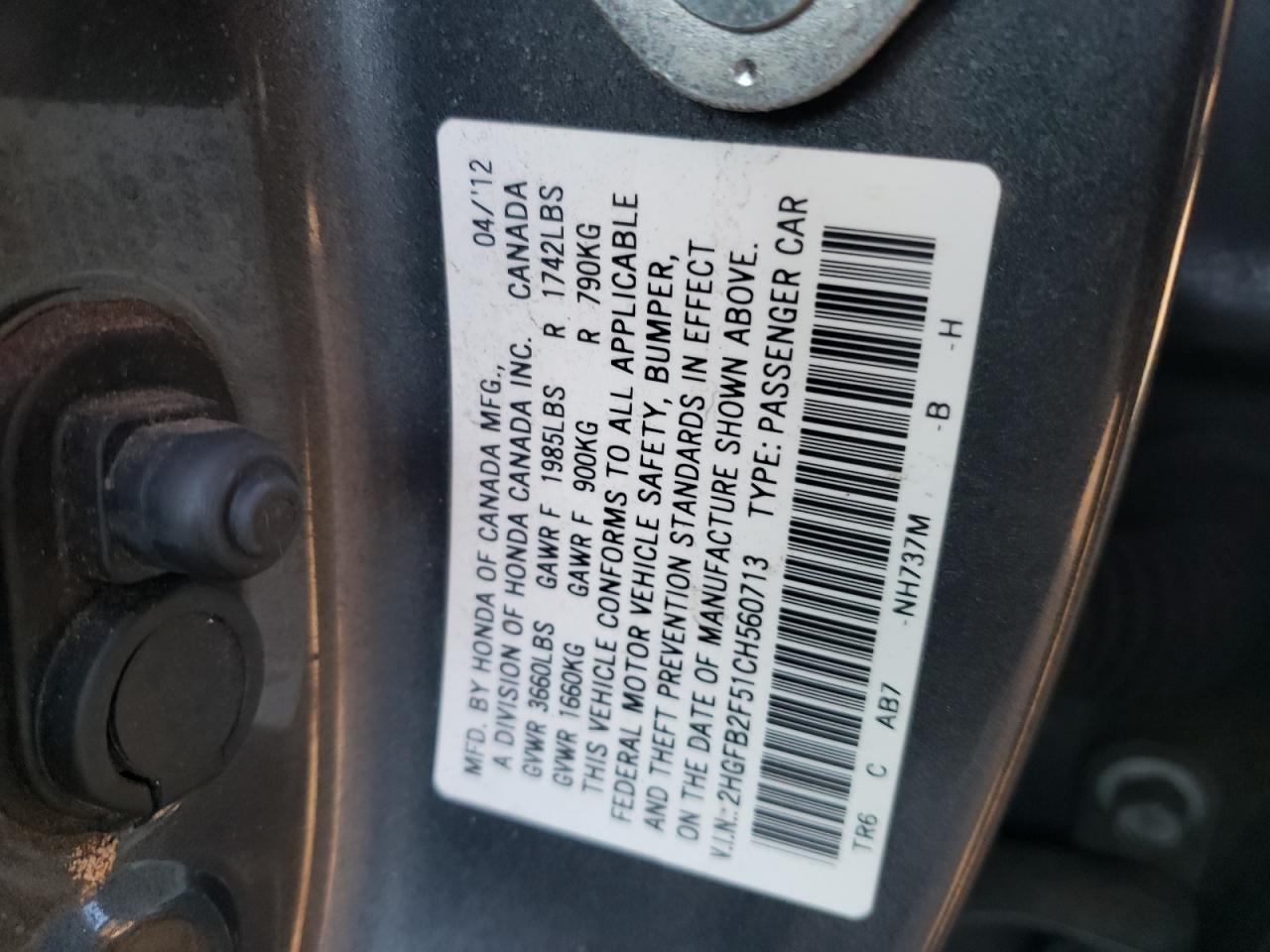 Photo 10 from auction – 2012 HONDA CIVIC LX with VIN 2HGFB2F51CH560713