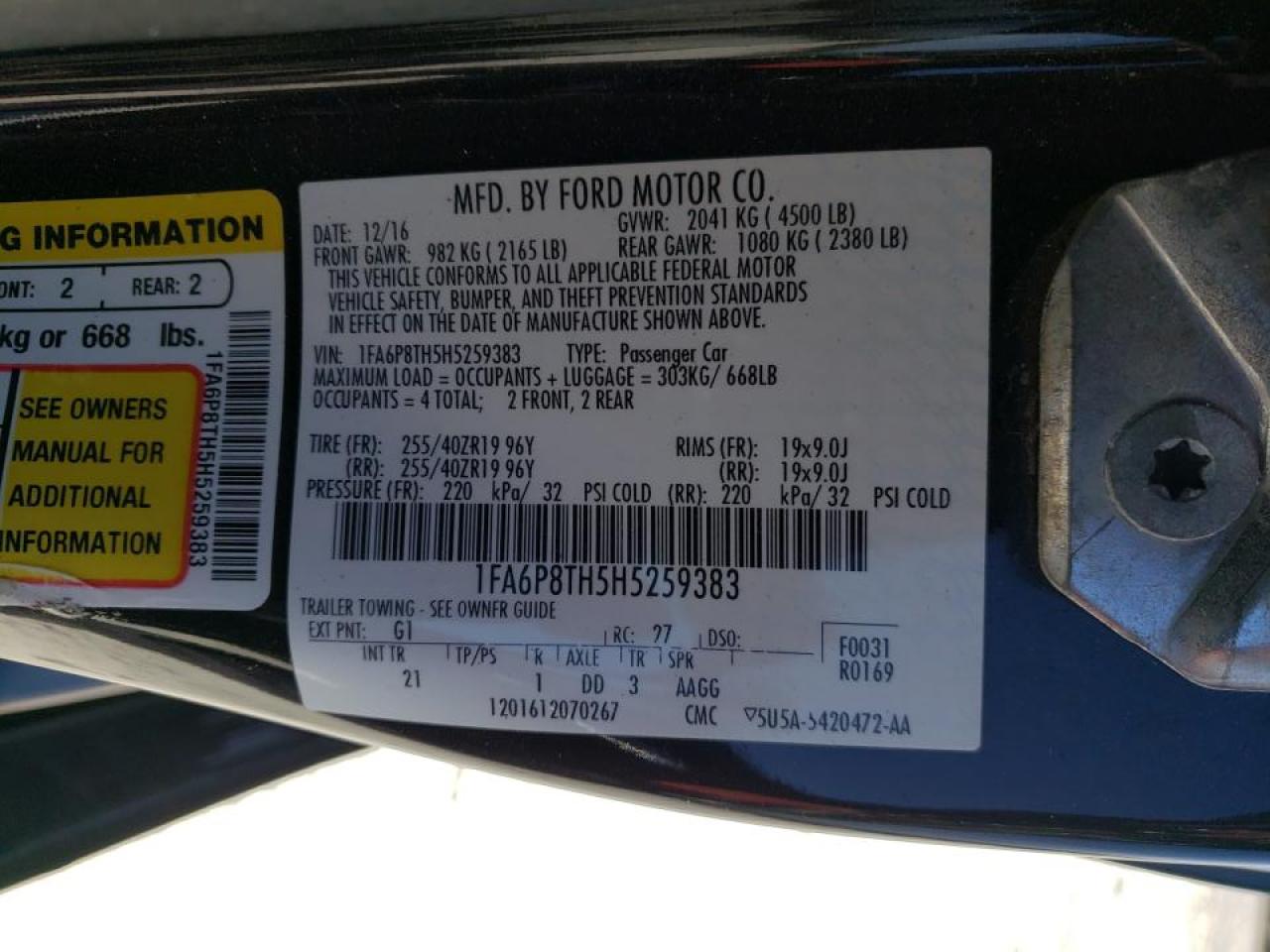 Photo 10 from auction – 2017 FORD MUSTANG with VIN 1FA6P8TH5H5259383