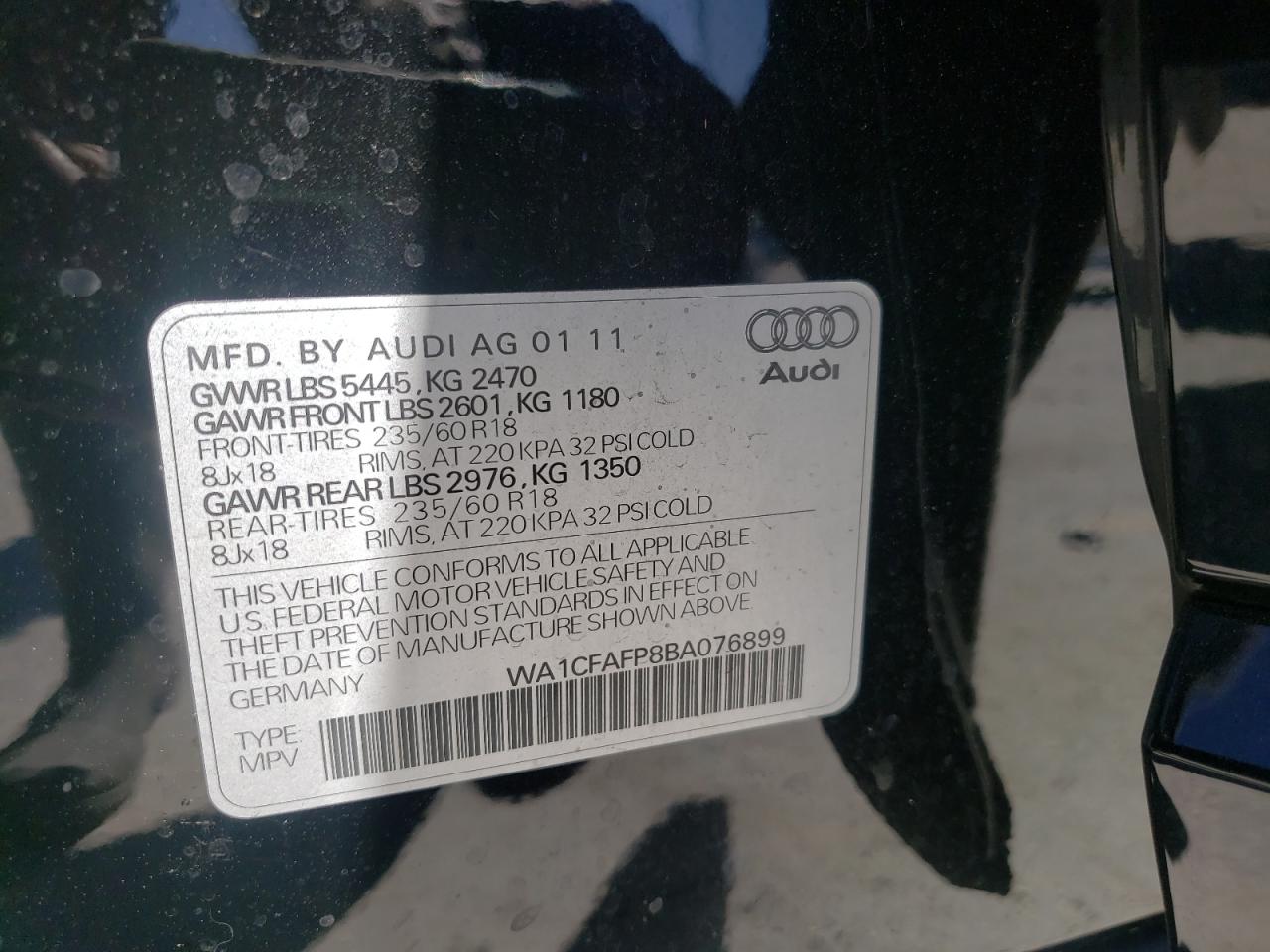 Photo 10 from auction – 2011 AUDI Q5 PREMIUM with VIN WA1CFAFP8BA076899