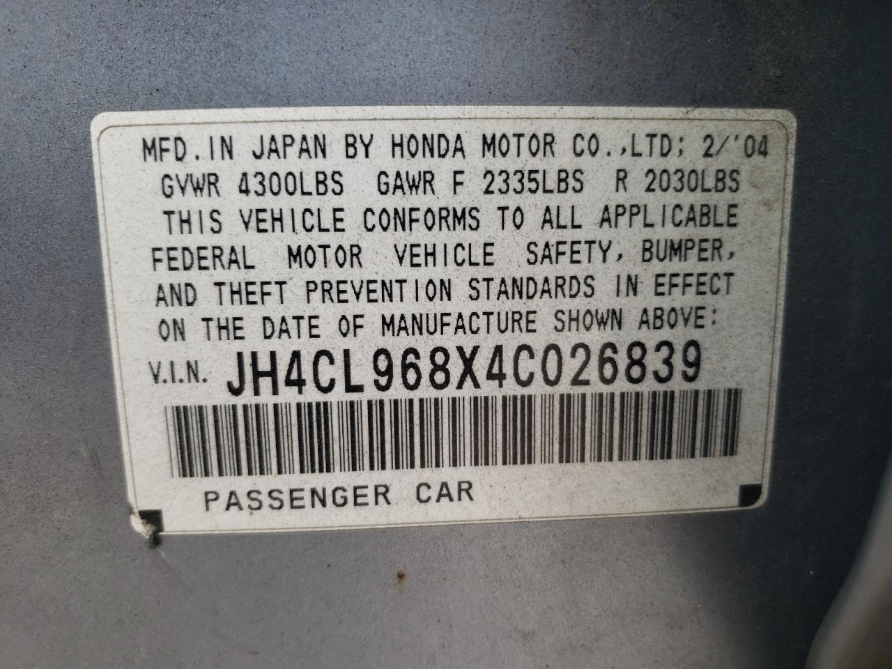 Photo 10 from auction – 2004 ACURA TSX with VIN JH4CL968X4C026839