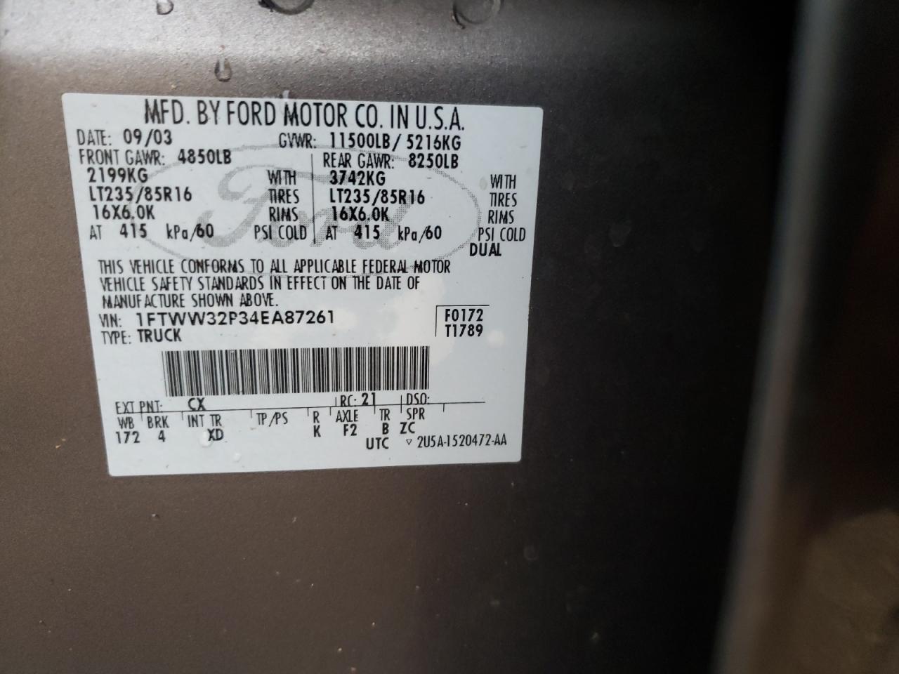 Photo 10 from auction – 2004 FORD F350 SUPER with VIN 1FTWW32P34EA87261