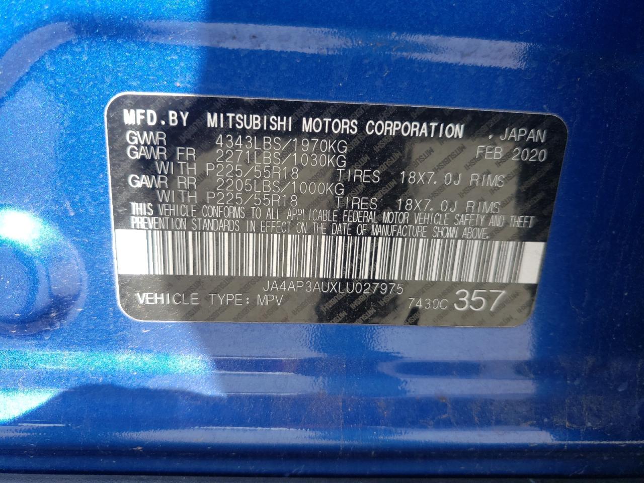 Photo 10 from auction – 2020 MITSUBISHI OUTLANDER with VIN JA4AP3AUXLU027975