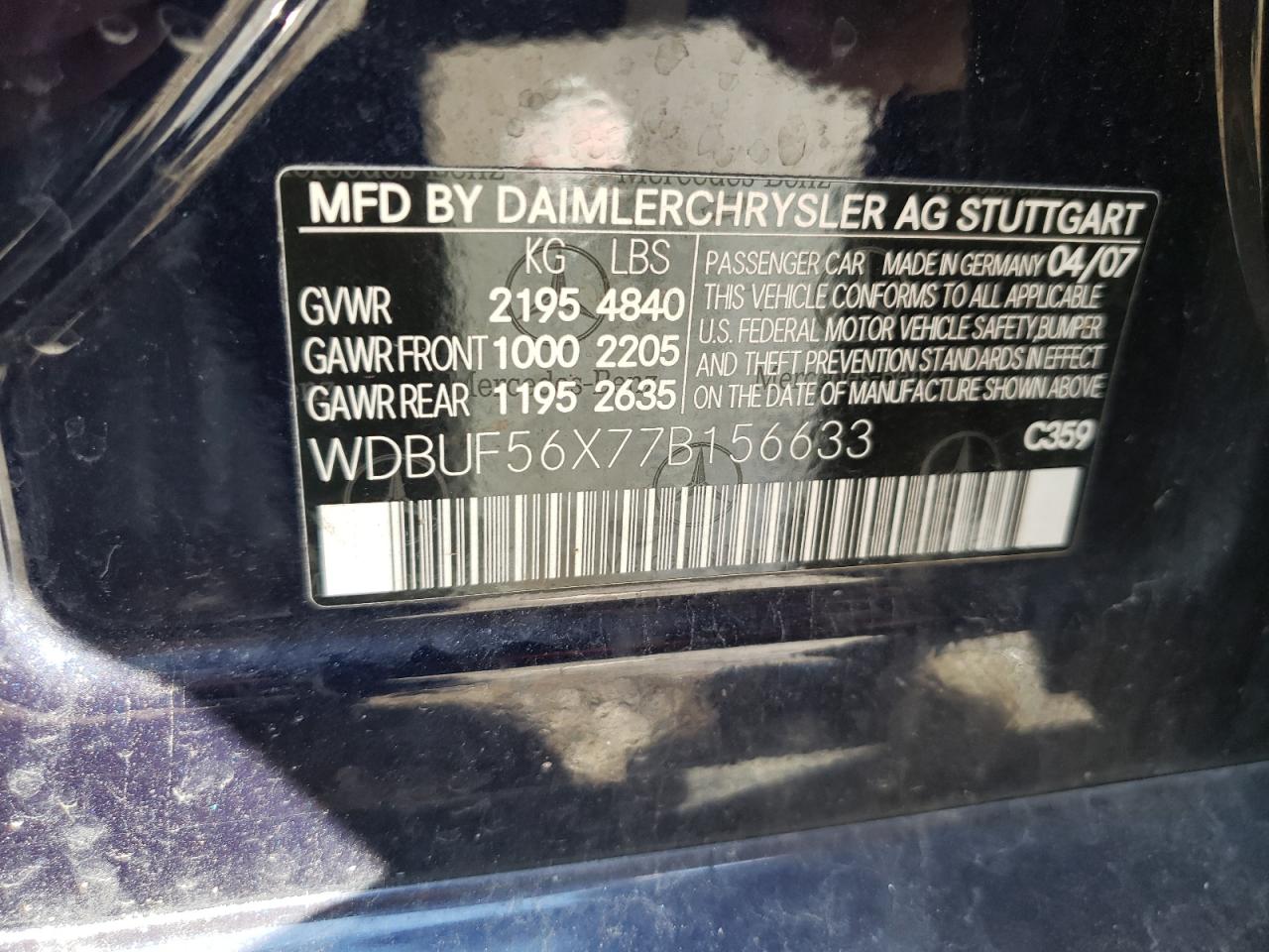 Photo 10 from auction – 2007 MERCEDES-BENZ E 350 with VIN WDBUF56X77B156633